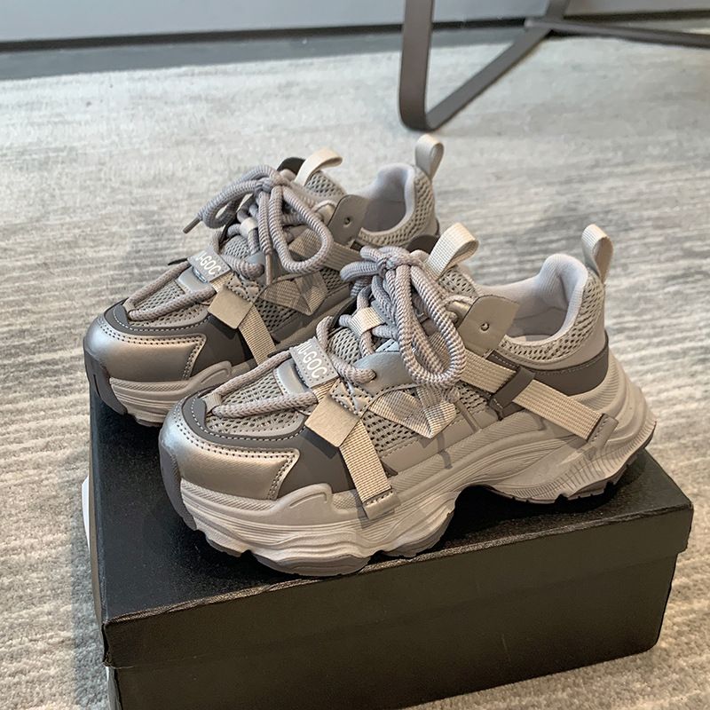 Net Face Dad Shoes, dikke sponscakezool, lente 2025 nieuwe veelzijdige casual damesschoenen met kleine hoogte_voghion.com