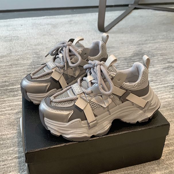 Net Face Dad Shoes, dikke sponscakezool, lente 2025 nieuwe veelzijdige casual damesschoenen met kleine hoogte_voghion.com