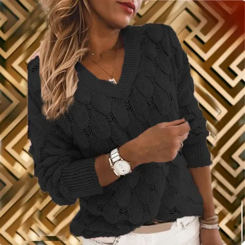 Langärmliger Strickpullover für Damen mit Federausschnitt und V-Ausschnitt_voghion.com