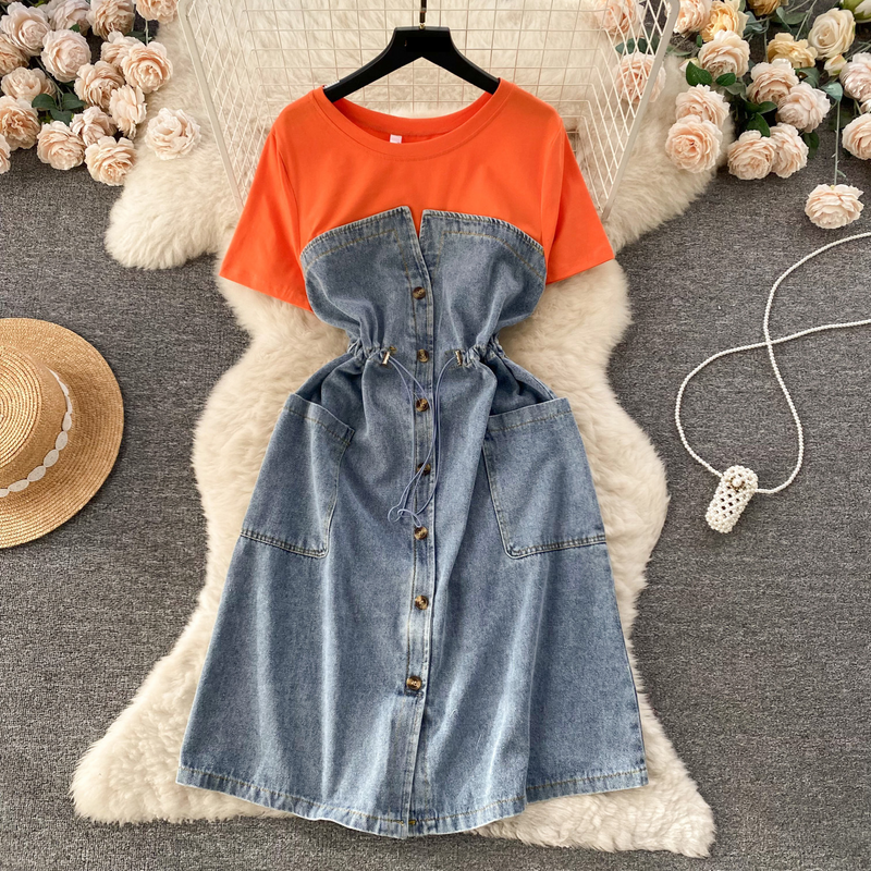 Women's temperament, age-reducing vacation two-piece dress, women's French high-end round neck short-sleeved patchwork waist denim long skirt_voghion.com