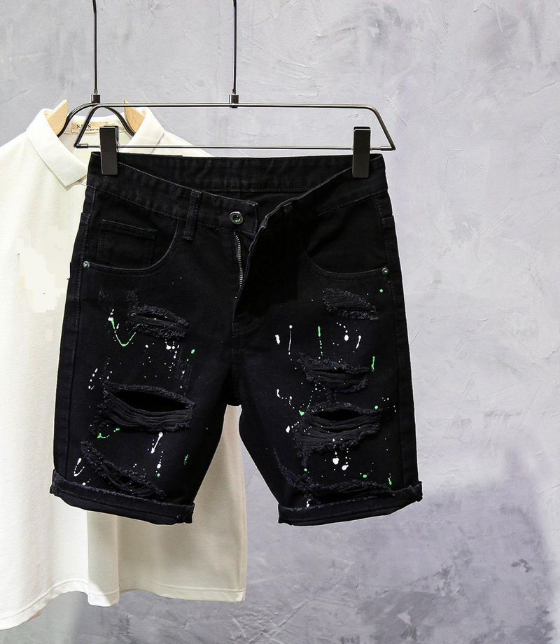 Foreign Trade Black Denim Shorts Men's Summer Thin Style Cat Whisker Ripped Personality Ink Splash Slim Fit Small Feet Cool Cross Border_voghion.com