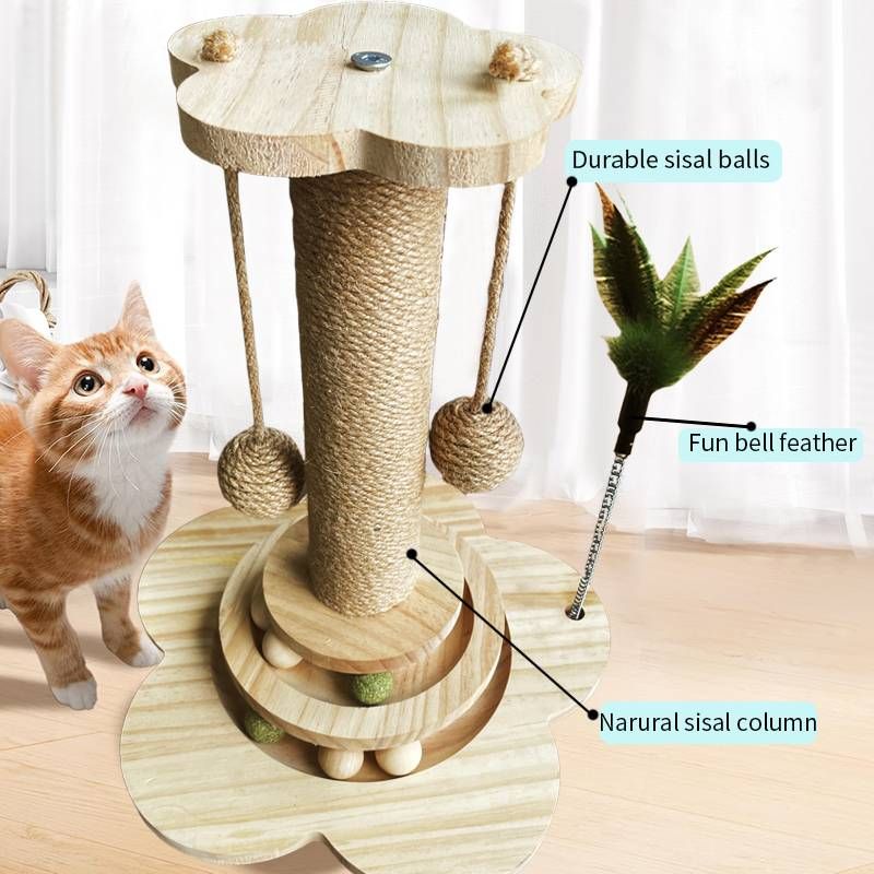 Kratzbaum aus Holz, Kratzbaum mit interaktivem Katzenspielzeug, Kratzbaum für Katzen im Haus_voghion.com