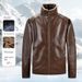 Men's Faux Leather Jacket With Fleece Lining – Winter-Ready Stand Collar Bomber (L-5XL, Black/Brown)_voghion.com