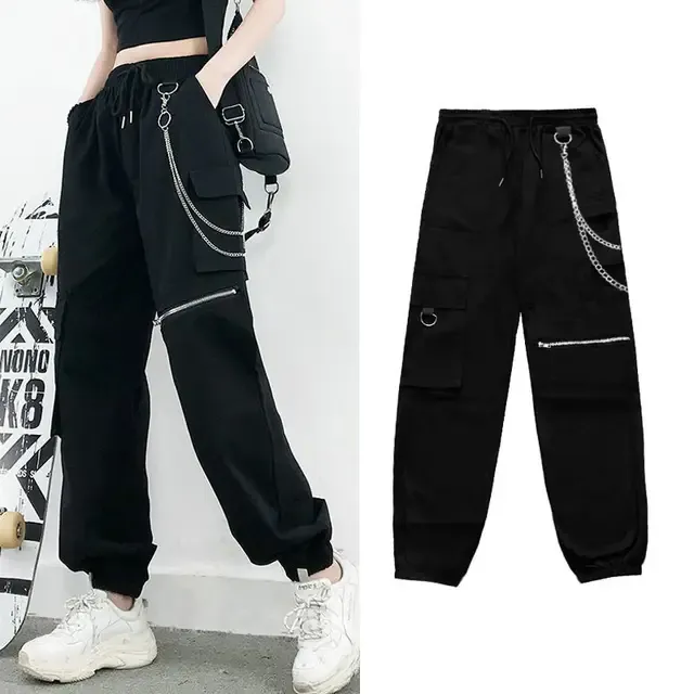 Kuum müük Streetwear kevad-suvi cargo püksid naistele Haruku Slim Punk Ribbon Jogger elastne oota pahkluuni ulatuvad püksid_voghion.com