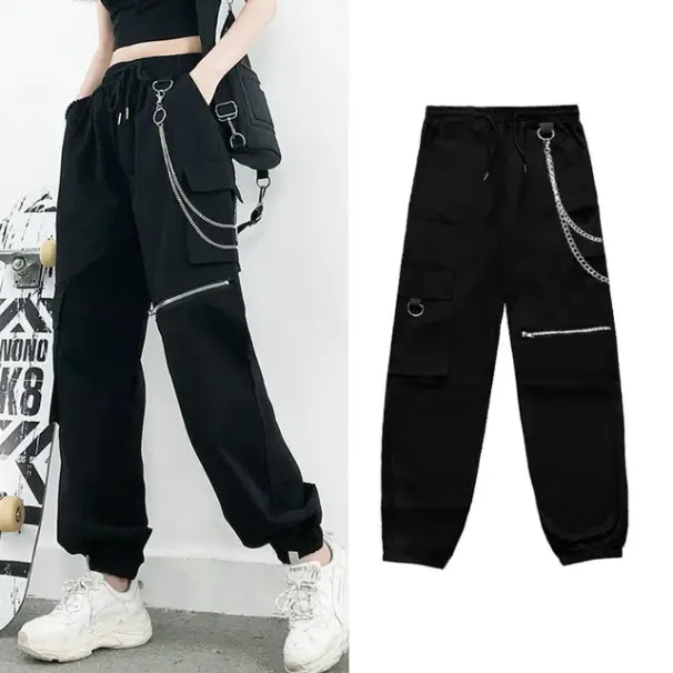 Kuum müük Streetwear kevad-suvi cargo püksid naistele Haruku Slim Punk Ribbon Jogger elastne oota pahkluuni ulatuvad püksid_voghion.com