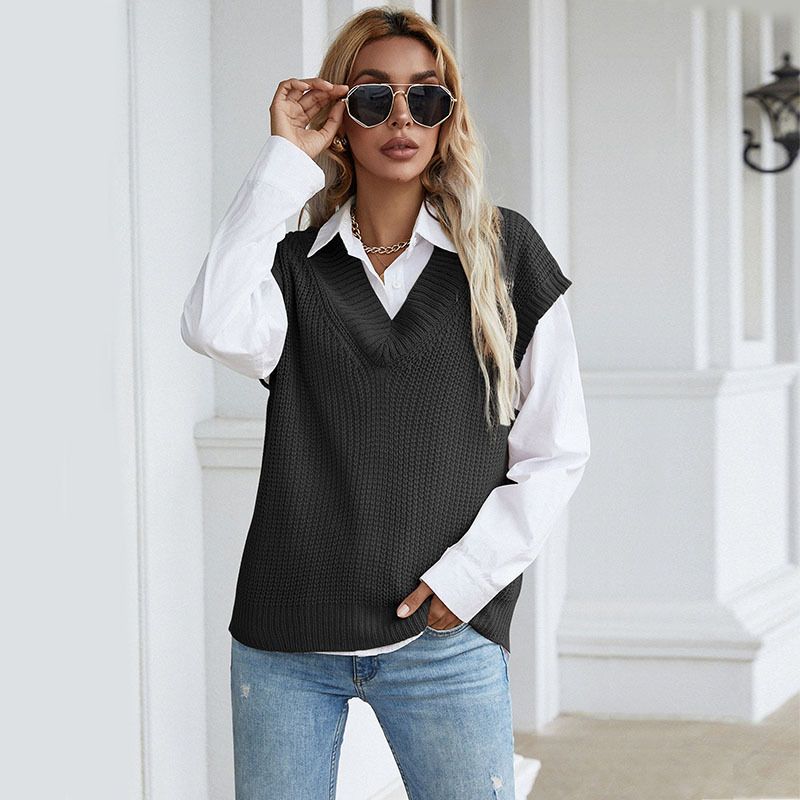 Vêtements pour femmes, station indépendante ins tendance, couleur unie, col en v, pull tricoté, gilet pour femmes_voghion.com