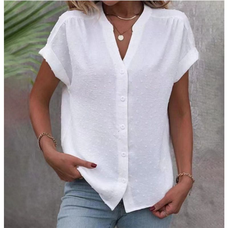Camicia da donna in jacquard tinta unita con scollo a V e bottoni_voghion.com