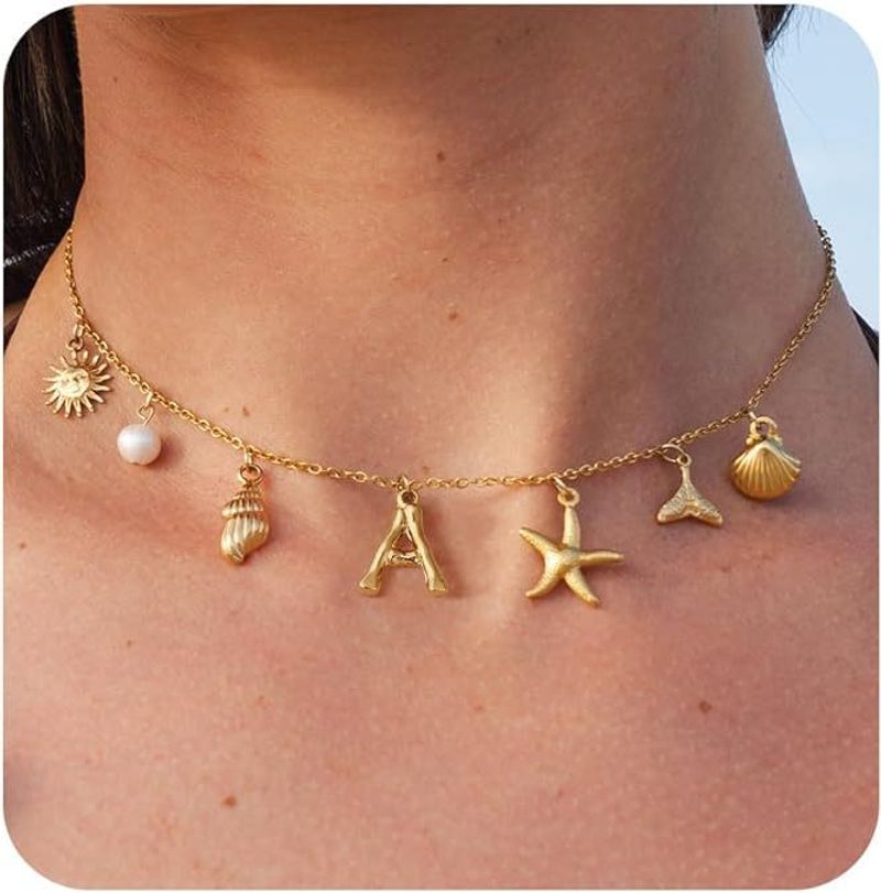 Beauty Fishtail Pearl A-Z Letter Necklace Gold Starfish Conch Conch Choker Charm Summer Seashells Beach Starfish Surfer Hand jewelry girl gift_voghion.com