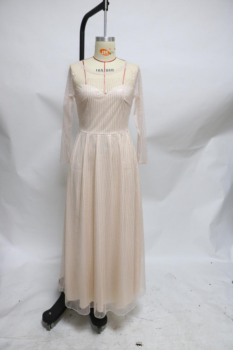 Women's trade women's clothing round neck long sleeve slim sequined midi dress_voghion.com