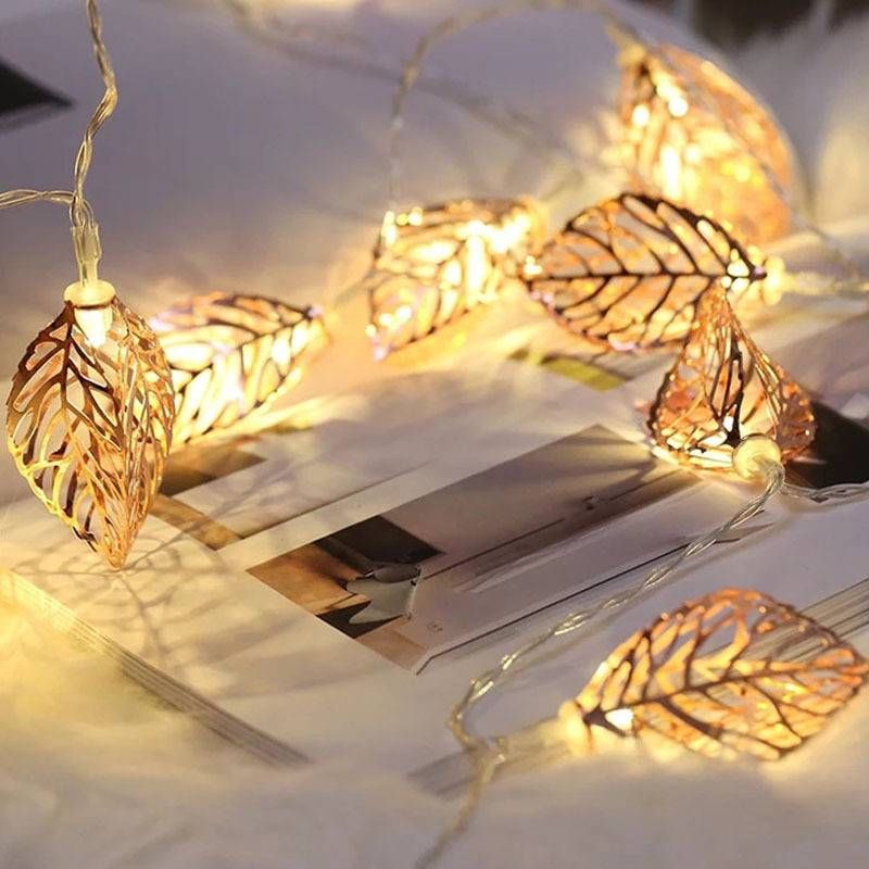 LED Gylden Blad Lyskæde Jern 3D Hul Blad Lyskæde Julelys Med Dekorative Lys Flash Engros Energibesparelse_voghion.com