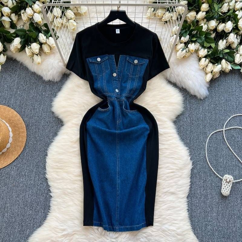 Women's Clothing Design Contrast Color Stitching Slim Fit Mid Length Retro Denim Dress Casual Short Sleeved Dress_voghion.com