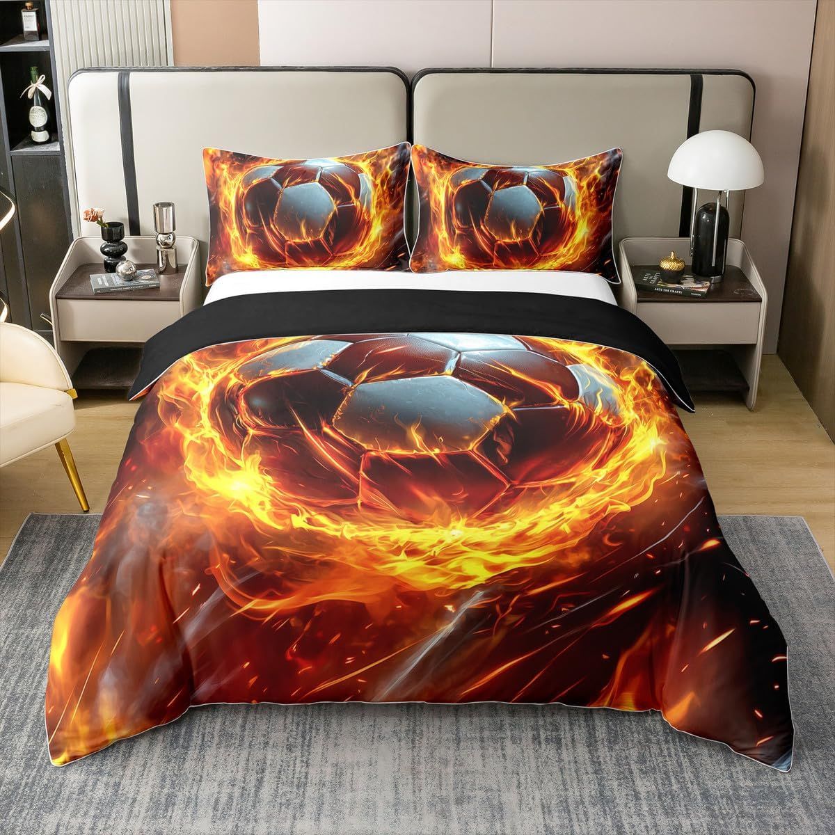 Bedding Set Double Football Field Duvet Cover For Kids Boys Men Gaming Fire Black White Red Comforter Cover Soft Comfy Football Bedclothes _voghion.com