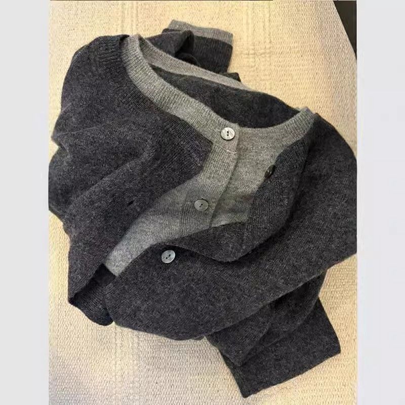 Dames gebreide cardigan met gelaagde kraag - Chique tweekleurige imitatie gelaagde sweaterjas - Slim fit top met lange mouwen en open voorkant voor de herfst/winter_voghion.com