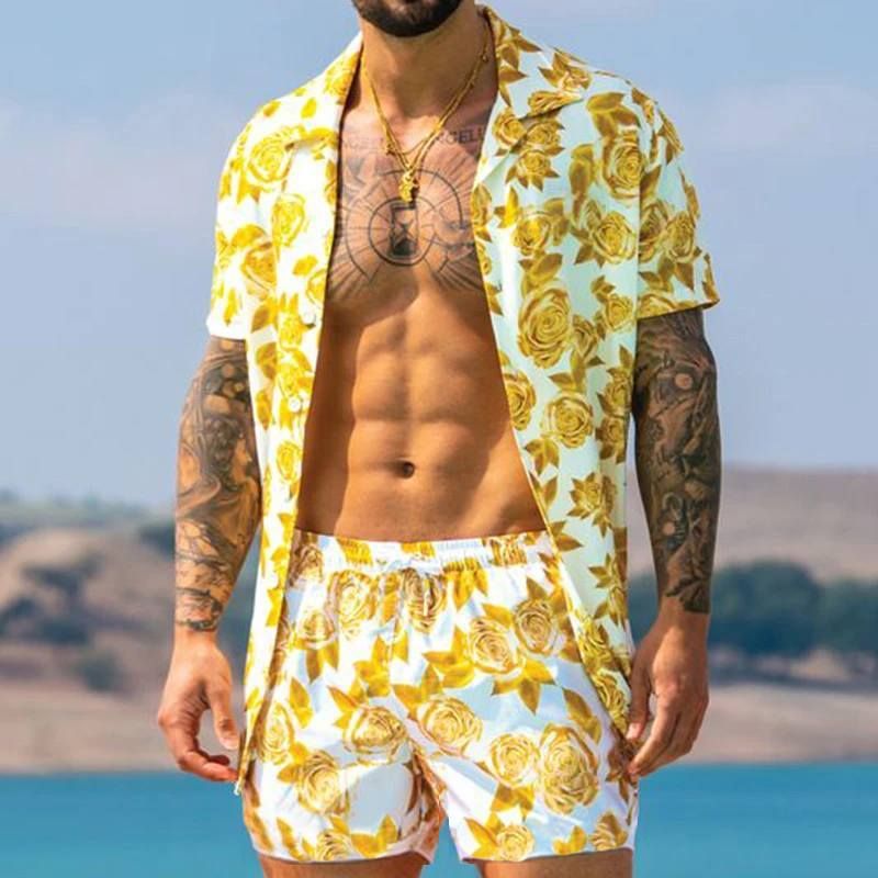 2025 Herren-Shorts im Hawaii-Strandstil mit Blattdruck, kurzärmeliges Hemd mit kubanischem Kragen, zweiteiliges Set_voghion.com