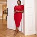 Plus Size Elegant Split Sleeve Party Dress – Belted Wrap Design, Stretchy Polyester, Red (S-1XL, Mid-Length, Flattering A-Line Cut)_voghion.com