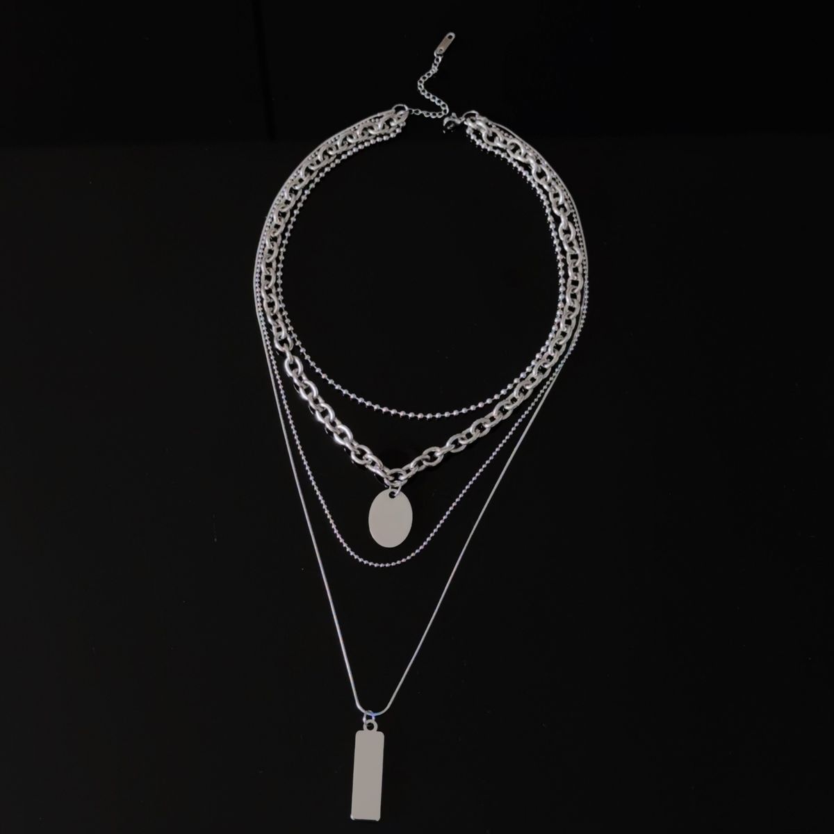 Unisex Hip-Hop Multi-Layer Titanium Steel Necklace Versatile Fashionable High-End Square Pendant Sweater Chain Accessory_voghion.com