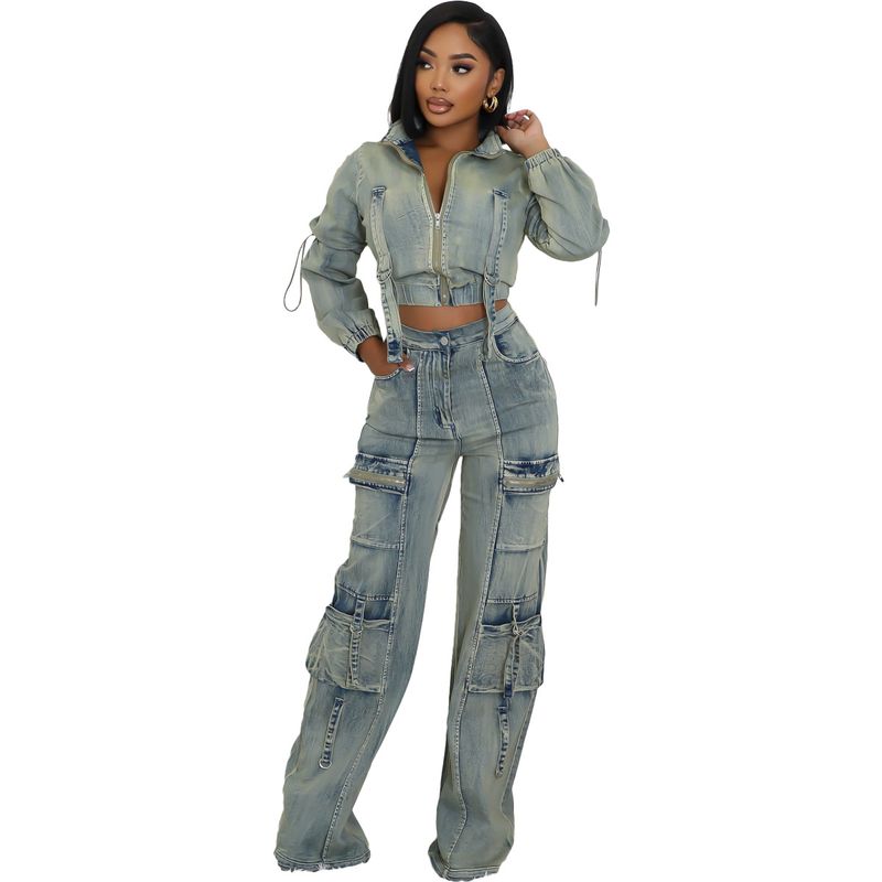 Damenbekleidung Damenmode Sexy Hochelastischer, verwaschener Denim-Freizeitanzug mit mehreren Taschen, zweiteiliger Anzug_voghion.com