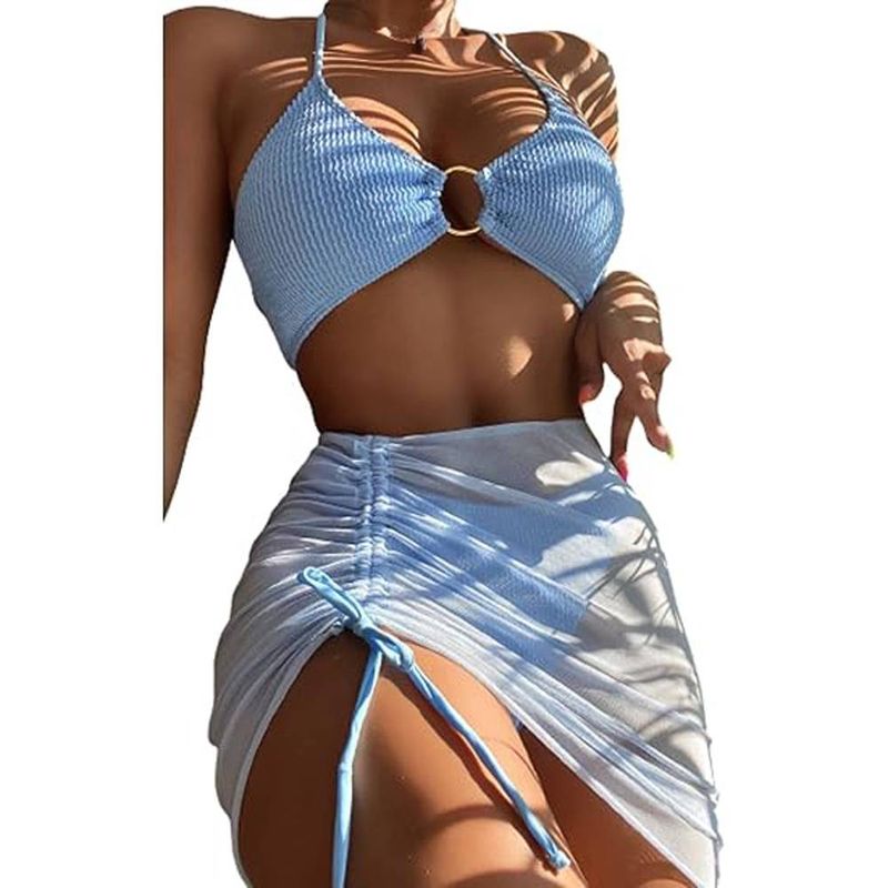 Women's 3 Piece Swimsuit Neck Ring Bikini Set With Cover Skirt_voghion.com
