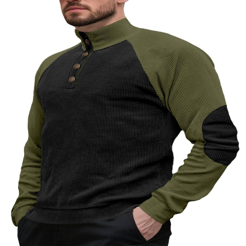 2025 Frühlings- und Herbstmode für Herren, Stehkragen, halbe Knopfleiste, Raglanärmel, lässiges Cord-Sweatshirt_voghion.com