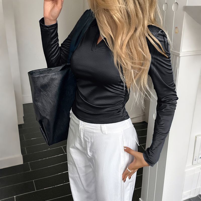 Damen 2025 Herbst und Winter Casual Pendler Einfarbig Langarm Shirt T-Shirt_voghion.com
