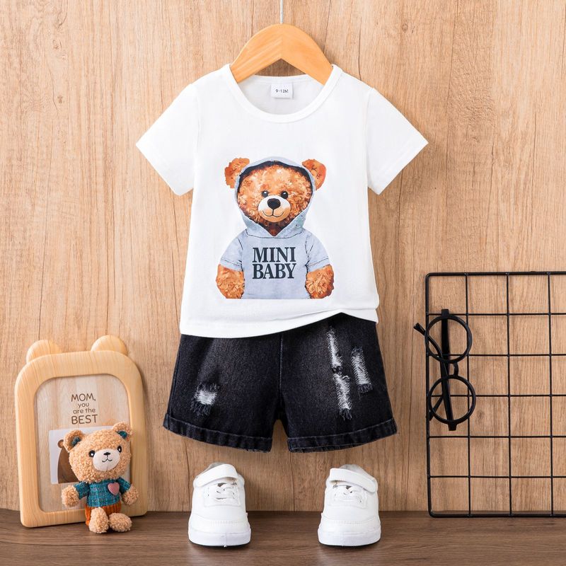 Mother & Kids Summer children's clothing bear boys and girls printed short-sleeved tops ripped children's jeans suits_voghion.com