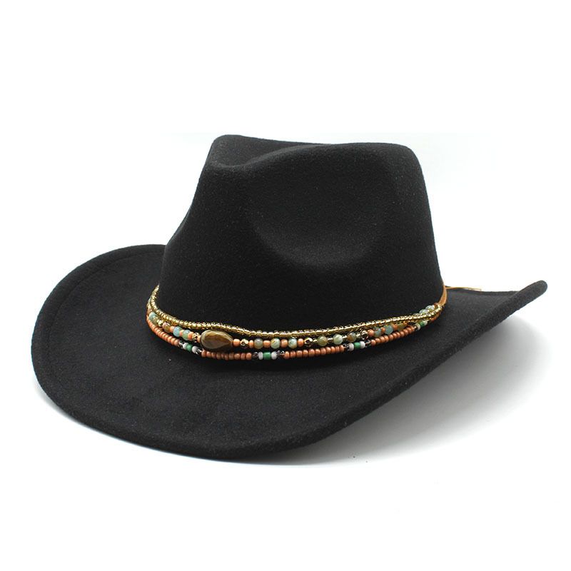New Crimped Cowboy Hat Western Ethnic Tibetan Style Felt Hat Colored Bead Rope Accessories Knight Hat Tide_voghion.com