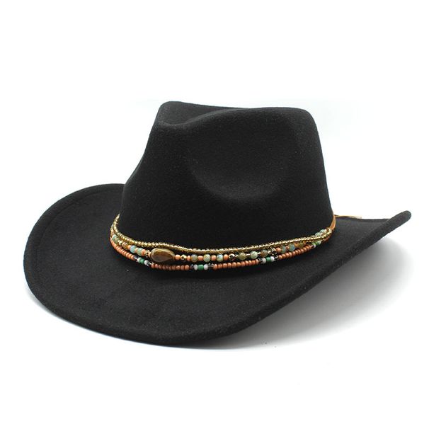 New Crimped Cowboy Hat Western Ethnic Tibetan Style Felt Hat Colored Bead Rope Accessories Knight Hat Tide_voghion.com