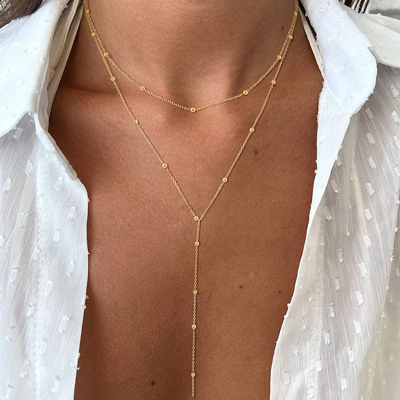 Collana lunga delicata con ciondolo a forma di Y placcato oro 14k, collane di perline con zirconi cubici a strati alla moda, gioielli in acciaio inossidabile_voghion.com
