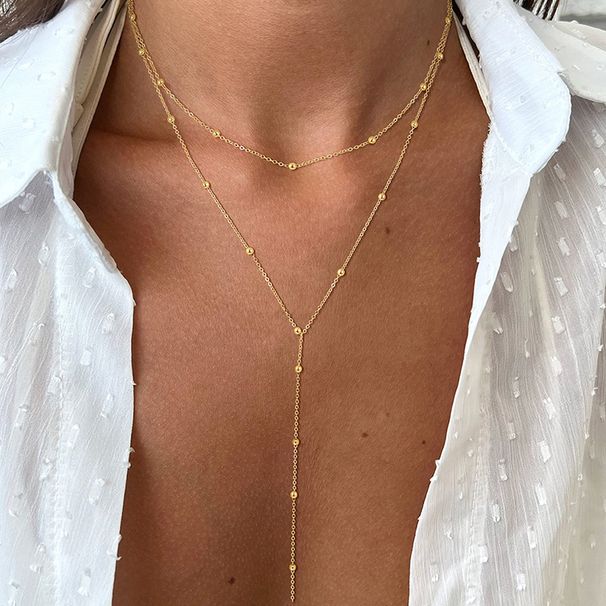 Collana lunga delicata con ciondolo a forma di Y placcato oro 14k, collane di perline con zirconi cubici a strati alla moda, gioielli in acciaio inossidabile_voghion.com
