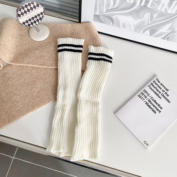 Scaldamuscoli Bootshang, calzini in cotone per donna con calzini in pile lavorato a maglia a righe, stile college, due barre, scaldamuscoli lunghi bianchi caldi per autunno e inverno_voghion.com