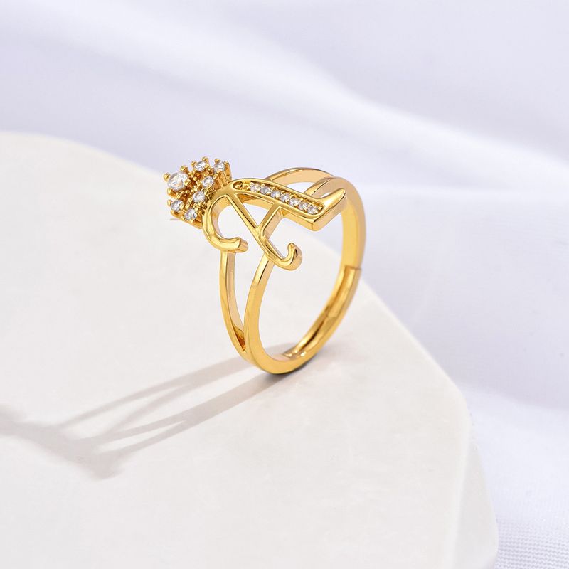 Letter Adjustable Ring Ladies Light Luxury Ins Hollow Copper Gold Plated Zircon Ring_voghion.com