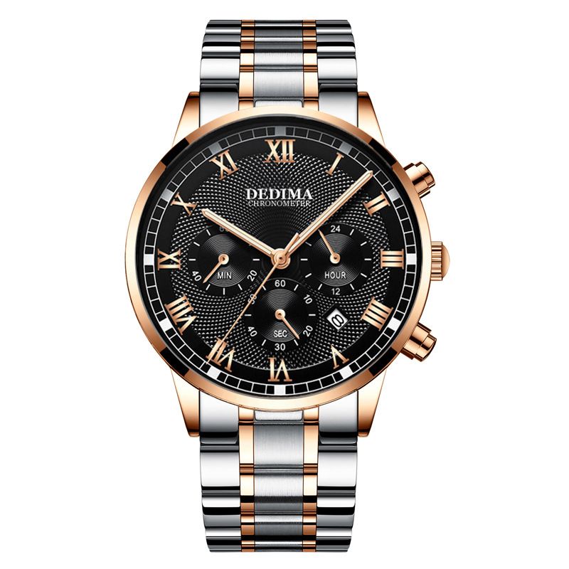 Orologio da uomo Detima Three Eyes Six Needles, multifunzione, con luce notturna, cinturino in acciaio massiccio e fibbia a farfalla_voghion.com