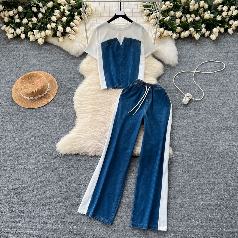 Terno de roupas femininas para mulheres, design camiseta de manga curta, top jeans patchwork + cintura alta casual calças retas terno de duas peças_voghion.com