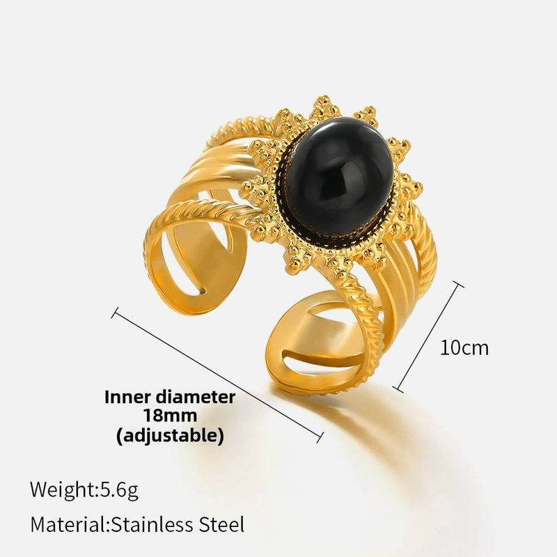 Fashion Obsidian Inlaid Stainless Steel Ring Women's Retro Light Luxury Opening Adjustable Gold-plated Ring_voghion.com
