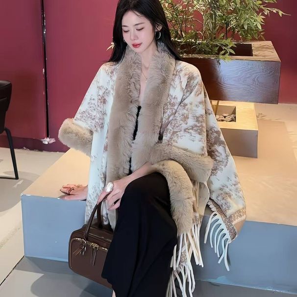 Women's Shawls Autumn And Winter Knitted New Cloak Shawl Women's Large Fur Collar Ink Painting High End Warm Cloak Dual Use Cardigan Jacket_voghion.com