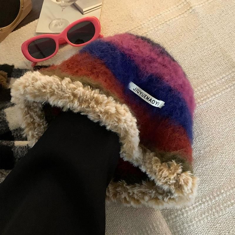 Sombrero de pescador con dopamina y colores del arcoíris para mujer, versátil, para otoño e invierno, con cara pequeña y felpa, para lavabo con cabeza grande._voghion.com
