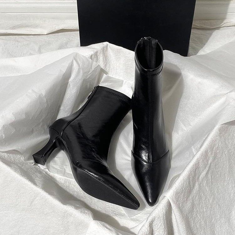 2025 Autumn Winter New Brown Pointed Toe Stiletto Short For Women French Style Versatile Back Zipper High Heel Stretch_voghion.com