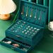 Vintage Velvet Jewelry Box With 10 Hooks - 3-Tier Large Capacity Organizer For Earrings, Necklaces & Rings (Dark Green)_voghion.com