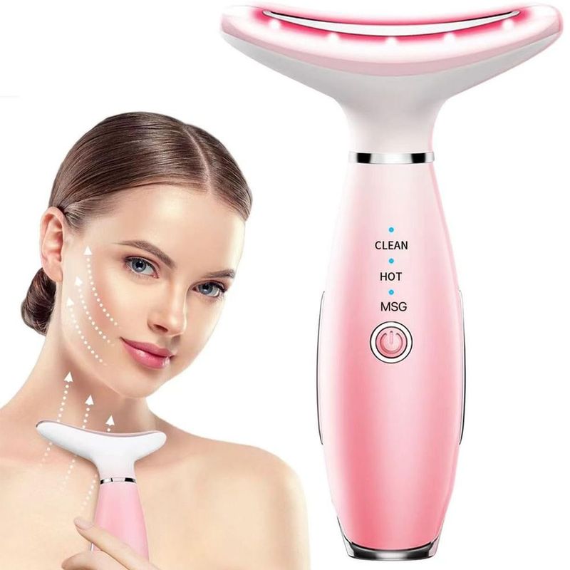 Neck Face Massager, Skin Care Face Massage Tool, 3-in-1 Facial Massager, Face Sculpting Tool With Thermals, Vibration (Pink)_voghion.com