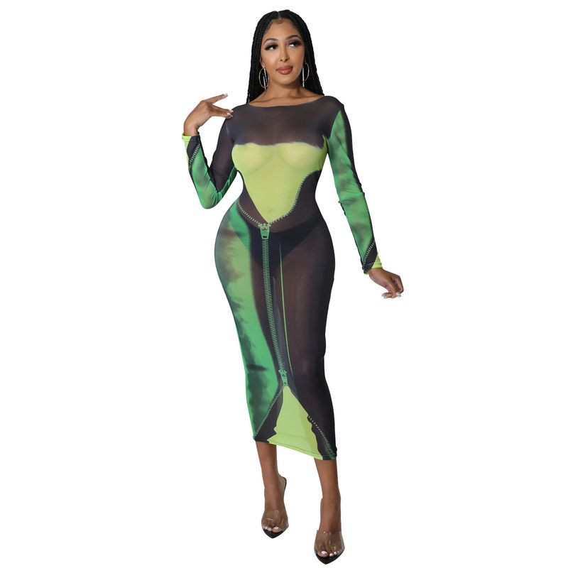 Women's Clothing fashionable and sexy mesh printed long sleeved mid length women's dress_voghion.com