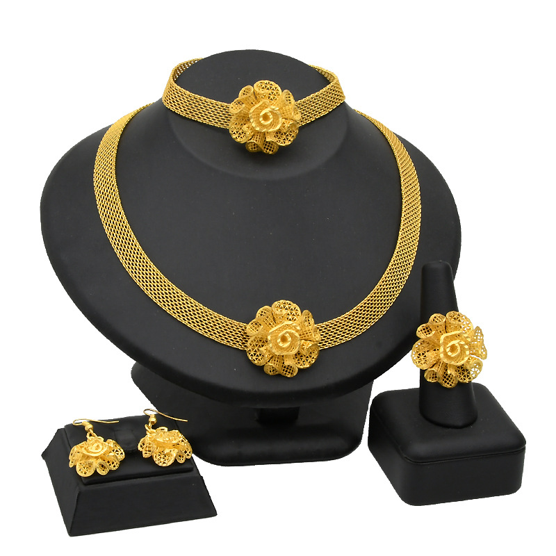 Gold Bridal Flower Necklace Bracelet Earrings Ring Ladies jewelry set_voghion.com
