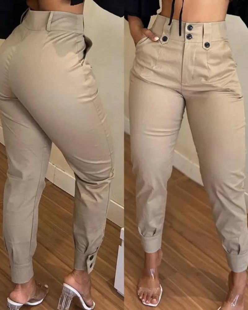 Women's Clothing Pants Fashionable High Waist Button Pocket Design Cuff Overalls Women's Casual Pants_voghion.com