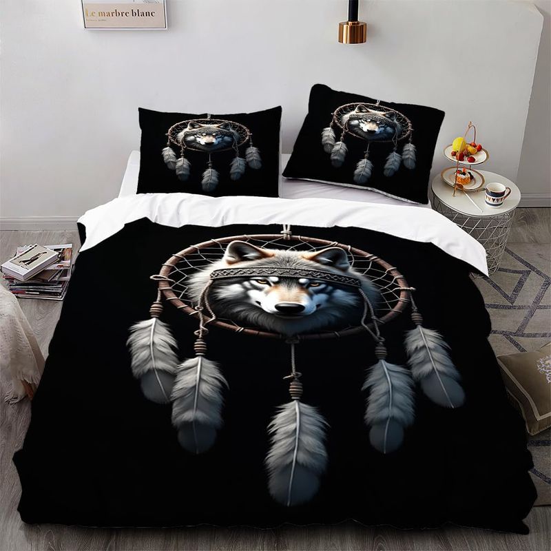 Wolf Bedding Set Feathers Pattern Decor 3 Pieces Ethnic Duvet Cover Set Kids Southwestern Bedspread Cover With 2 Pillowcase Hidden Zipper Gorgeous_voghion.com