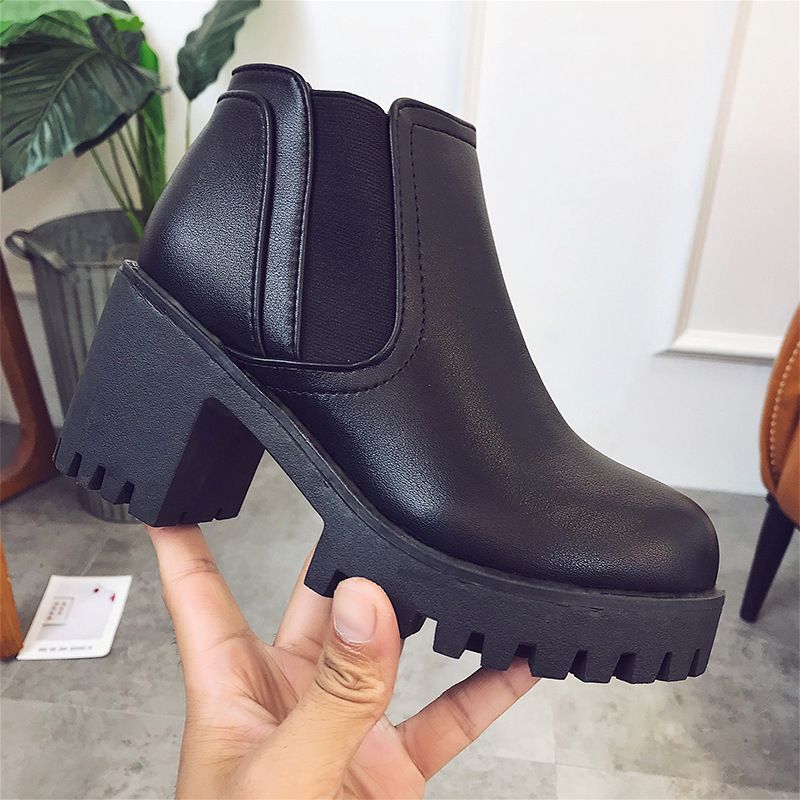 Herbst Winter Neue europäisch-amerikanische Martin-Pumps mit runder Zehenpartie, dicker Sohle, klobigem Absatz, elastischem Band und Patchwork-Details für Damen_voghion.com