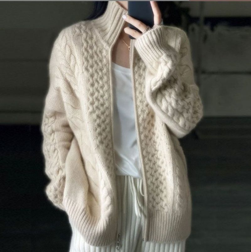 Verdickter Damen-Cardigan mit hohem Kragen und Reißverschluss, Fried Dough Twists, Kaschmir, weicher, lässiger, lockerer, kurzer Pullover, Woll-Obermantel_voghion.com