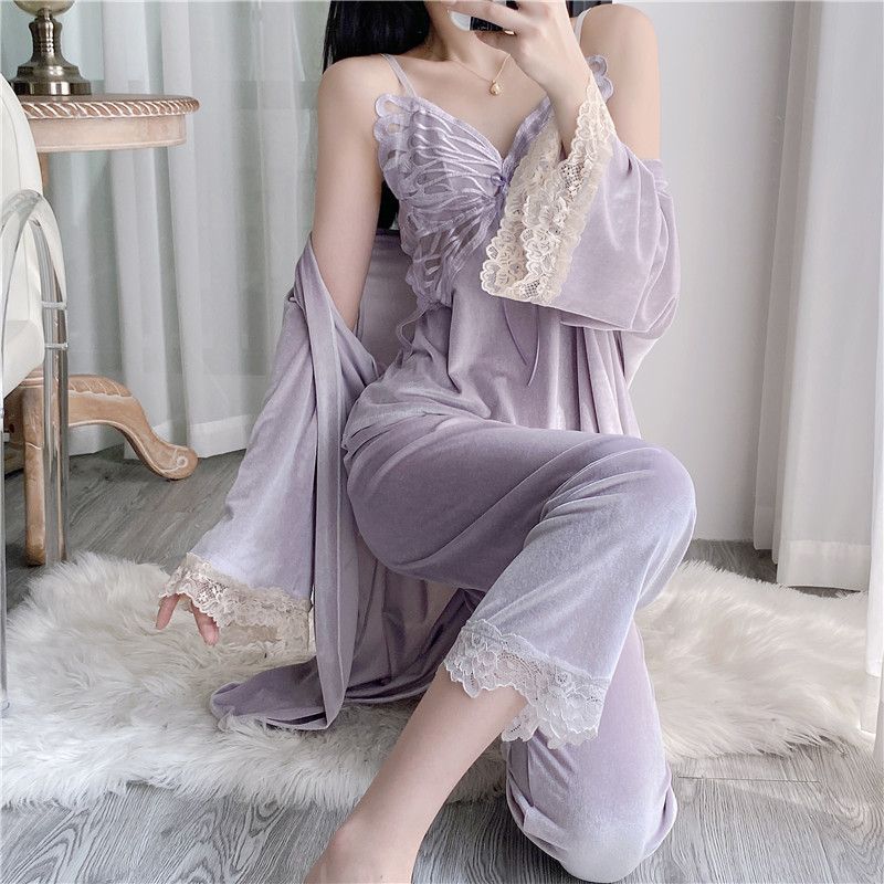 Women's autumn and winter new gold velvet long sleeved three piece set with chest cushion can be worn outside sexy_voghion.com