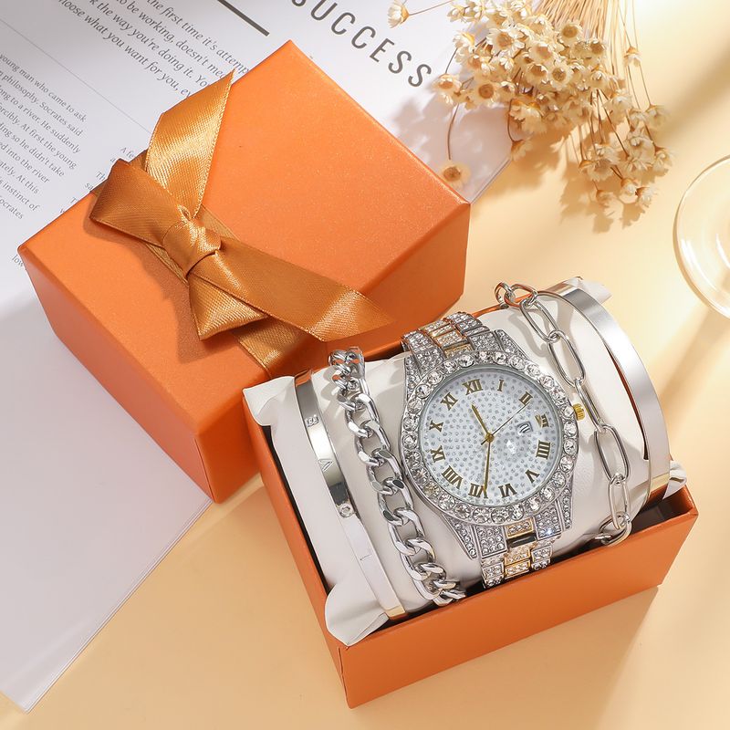Fashion Roman Numeral Dial Diamond-Studded Watch With Various Chain Bracelet Set 5pcs/set_voghion.com