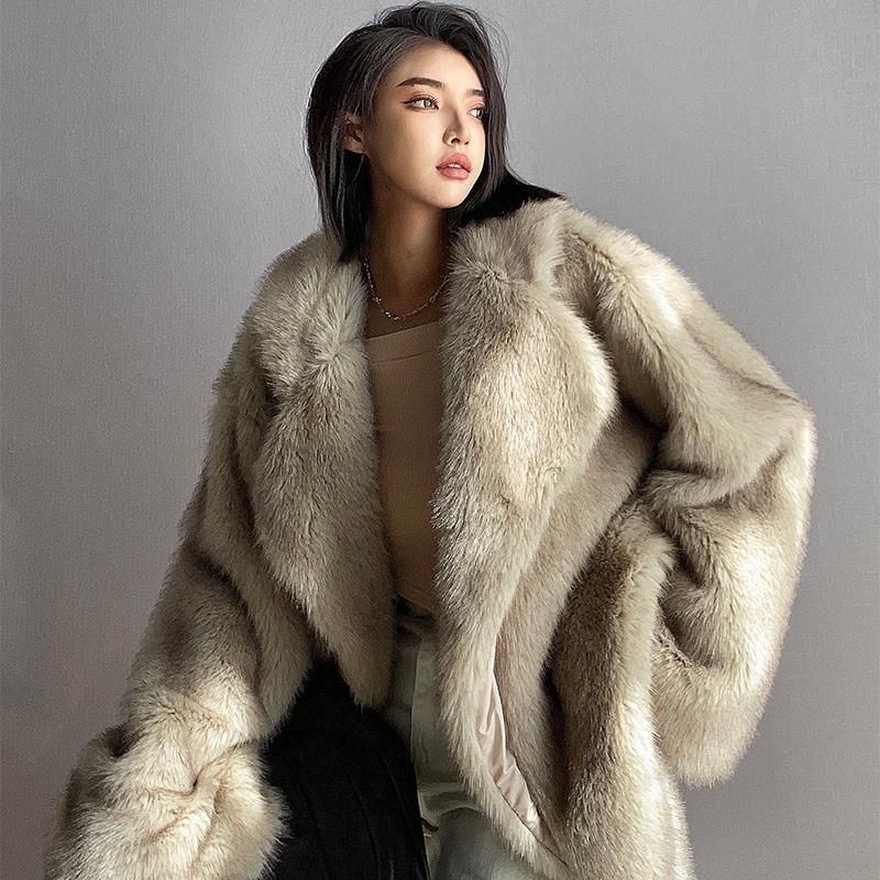Cappotto di pelliccia sintetica di volpe di lusso da donna, giacca lunga casual oversize con revers in peluche - Punta caffè / Bianco con punta gialla_voghion.com
