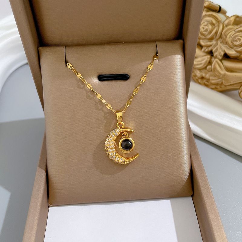 Fashion Moon Necklace for Women Stainless Steel Chain I Love You One Hundred Languages Projection Creative Jewelry Gift for Mom_voghion.com
