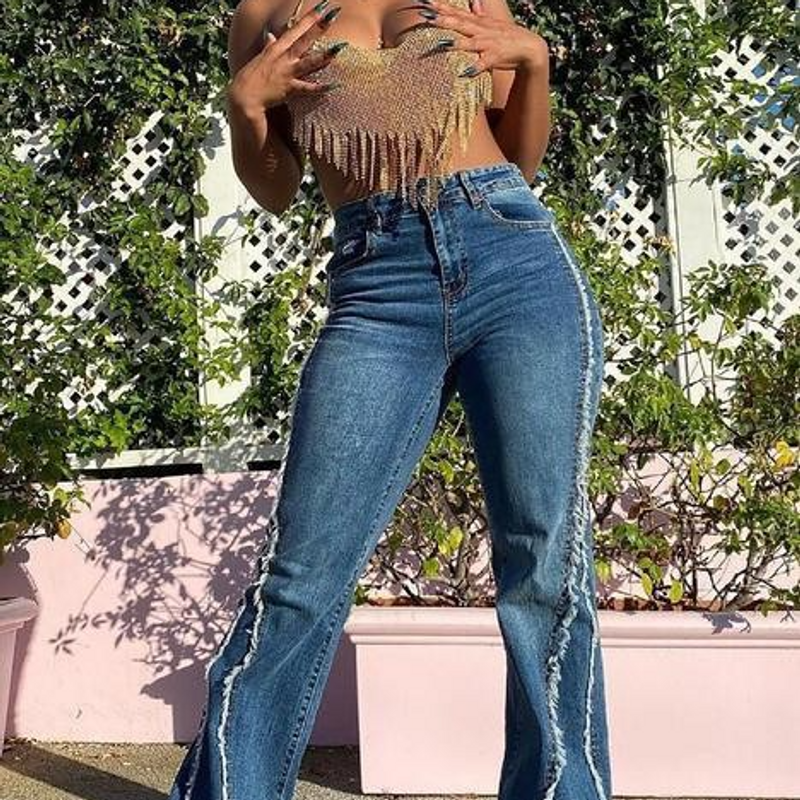 Women's Clothing Spring And Summer New Style Washed Raw Edge Street Fashion High Waisted Straight Jeans 8753_voghion.com
